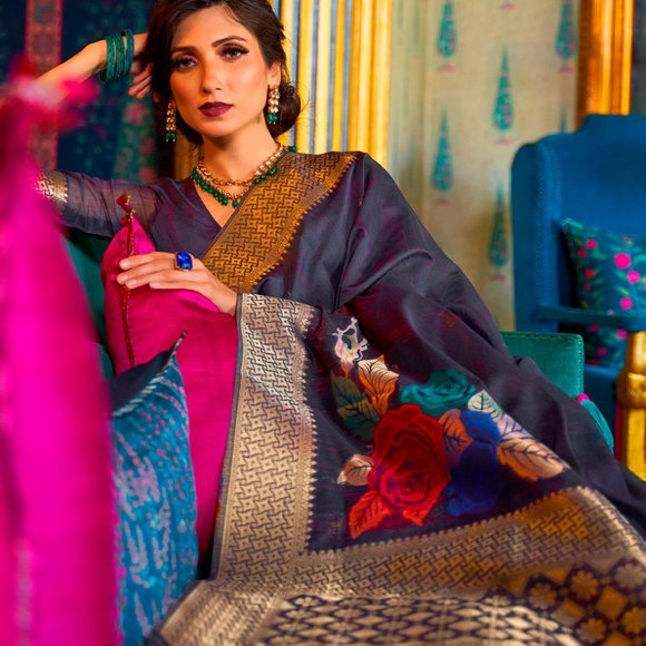 JHEAPS ADMIRAL BLUE SOFT SILK MULTI SLUB WEAVING PRETTY SAREE - Picture 1 of 4